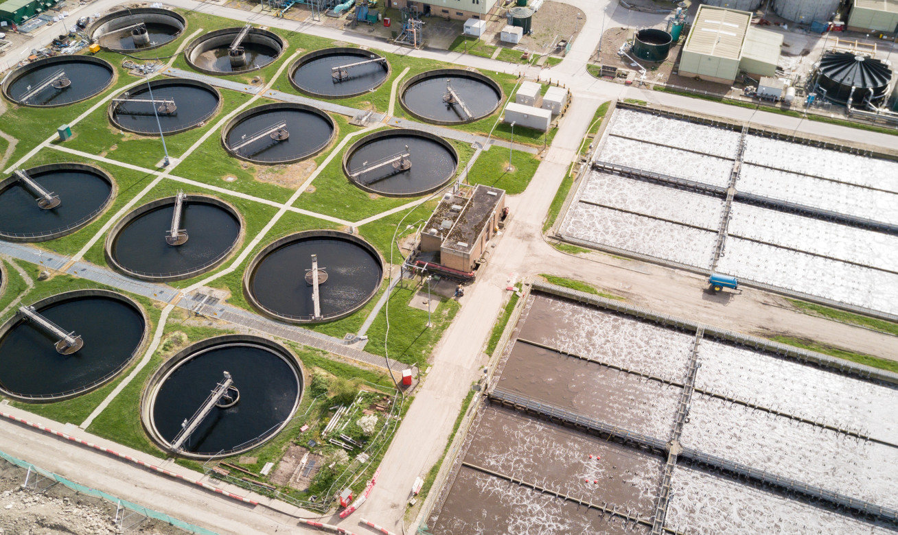 Aerial view of a water treatment plant in North London