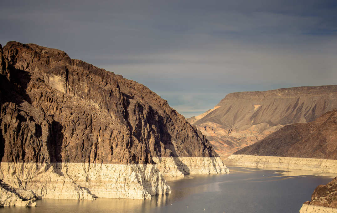 A reservoir with a low level of water 