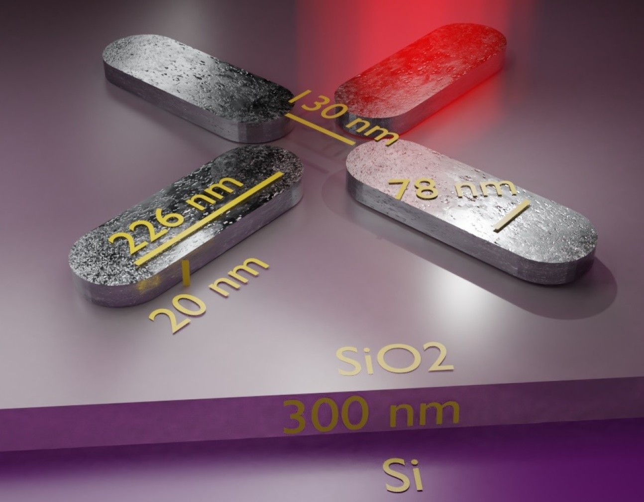 Illustration of four tiny magnets bathed in laser light