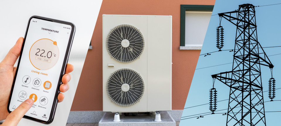 Smartphone showing temperature, heat pump and electricity pylon