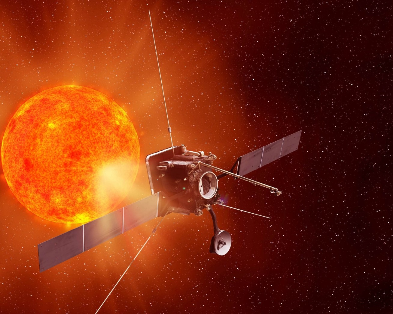 An illustration of ESA’s Solar Orbiter in orbit around the Sun