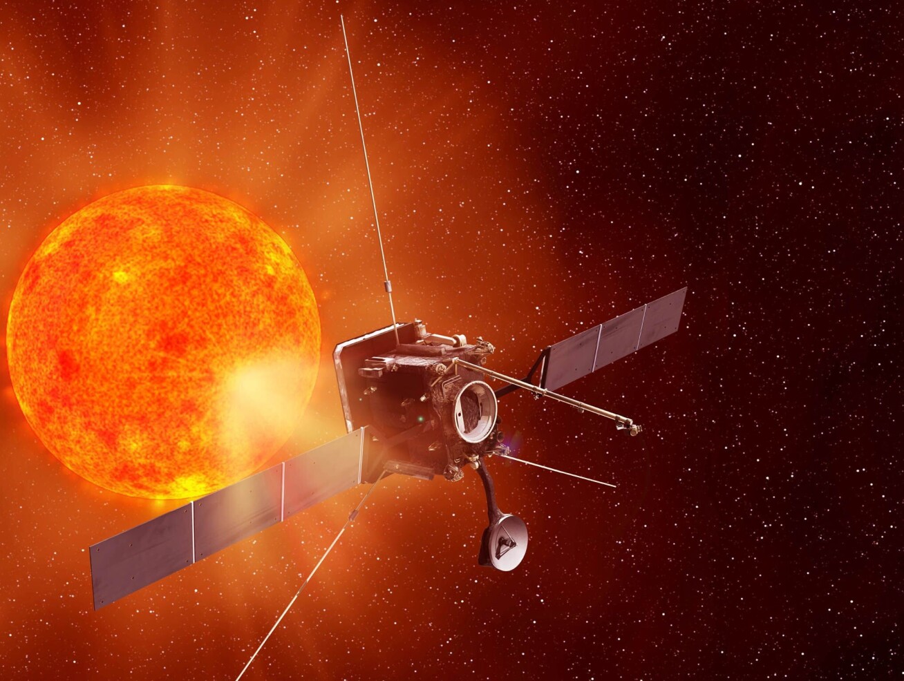 A CGI image of the Sun and a rocket