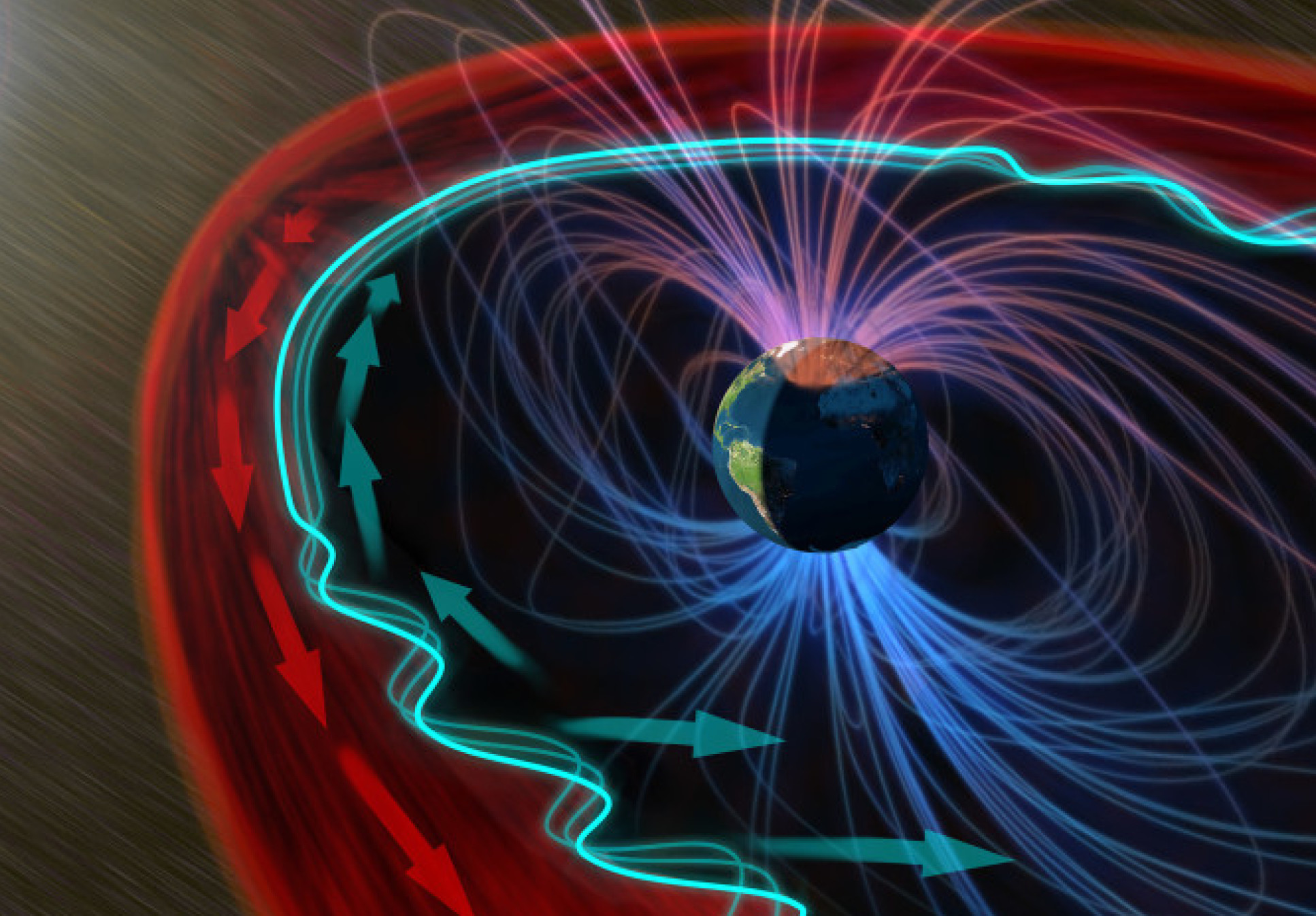 Illustration du vent solaire frappant la magnétosphère, avec des lignes rouges montrant les vagues voyageant avec le vent et des lignes bleues les montrant voyageant contre lui