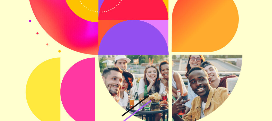 cream background with bright geometric shapes and social images