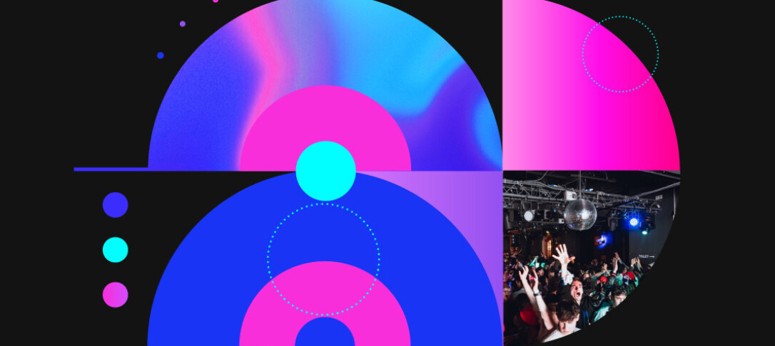 black background with bright geometric shapes and sports club photos