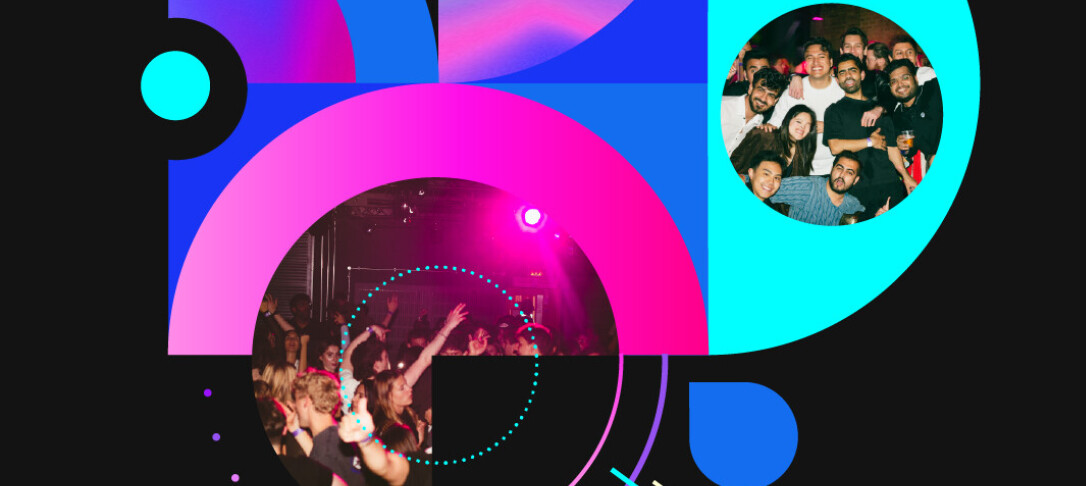 Black background abd bright coloured geometric shapes with party images