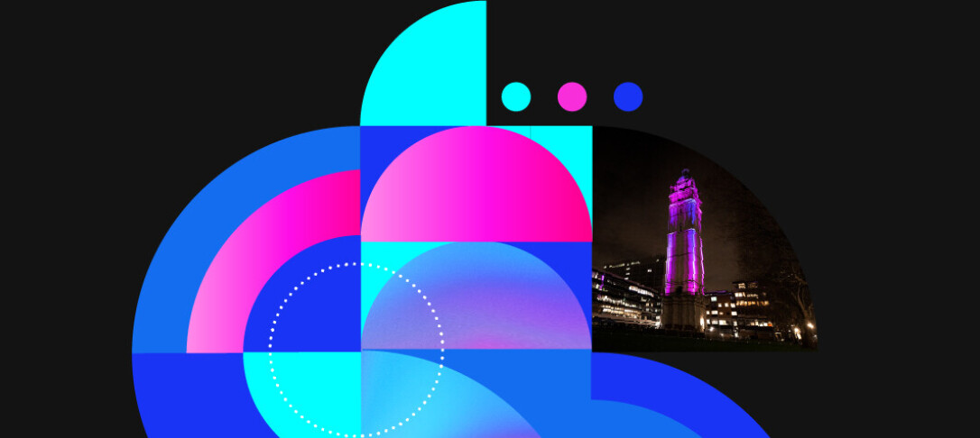 black background with bright geometric shapes and sports club photos