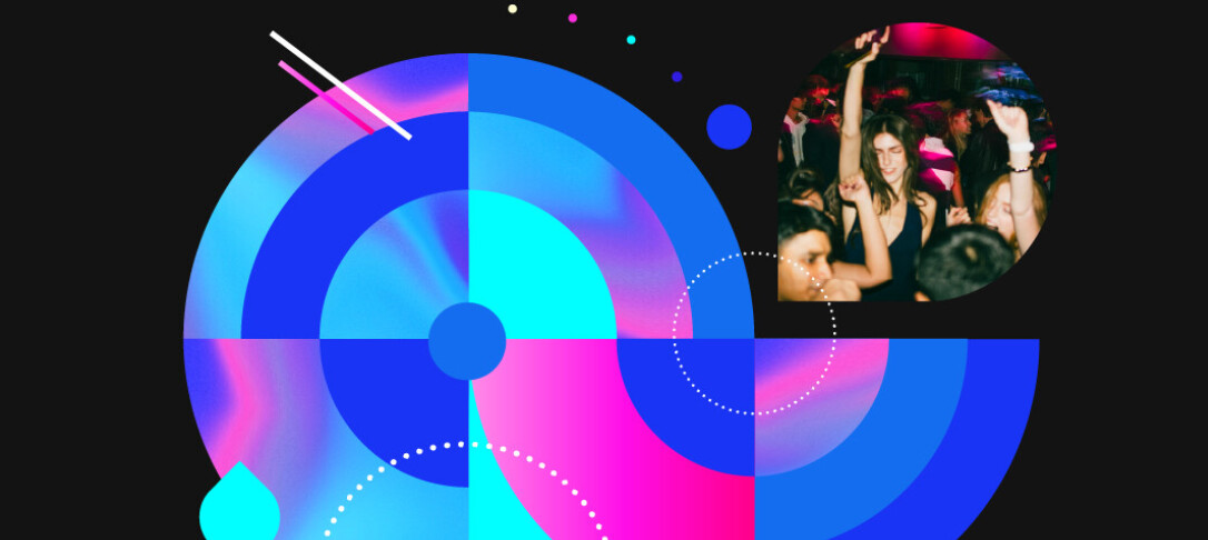 black background with bright geometric shapes and sports club photos