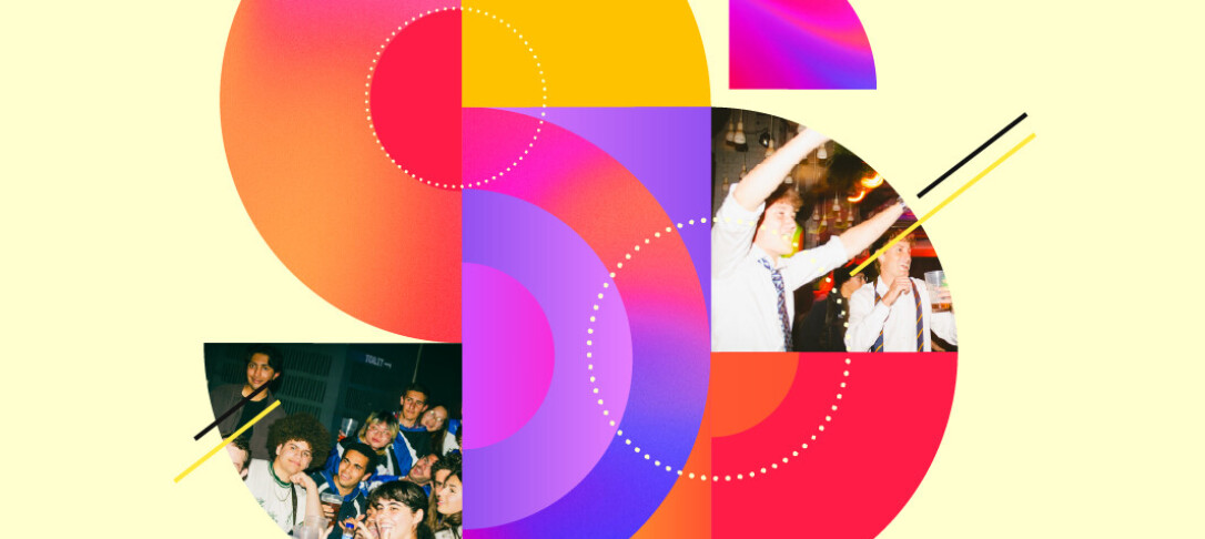 Cream background with bright geometric shapes and sports club photos