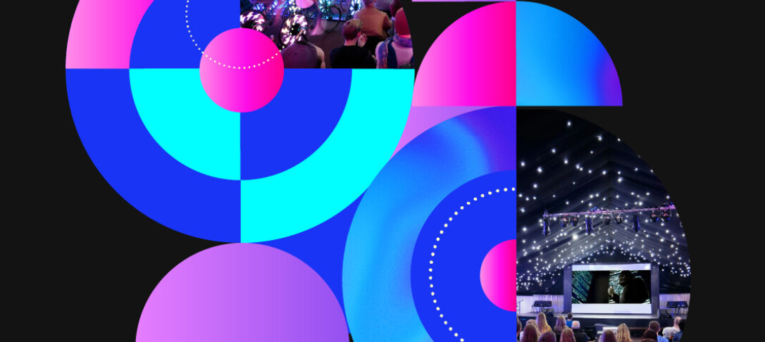 black background with bright geometric shapes and cinema photos