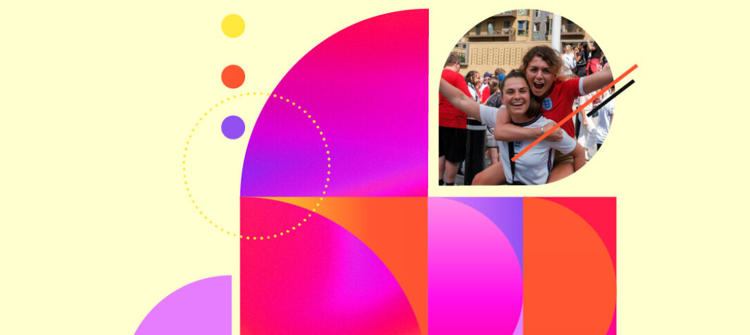 black background with bright geometric shapes and sports photos