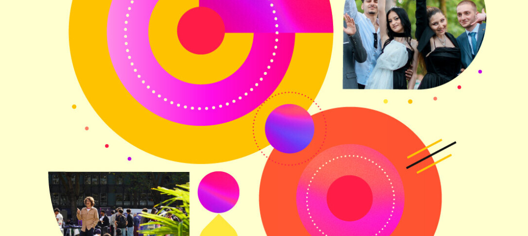 black background with bright geometric shapes and sports photos