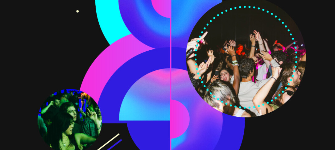 black background with bright geometric shapes and social images