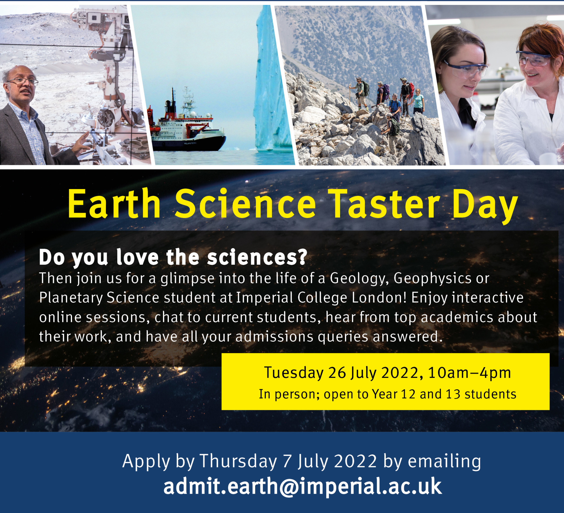 Earth Science Taster Day poster - do you love the sciences?