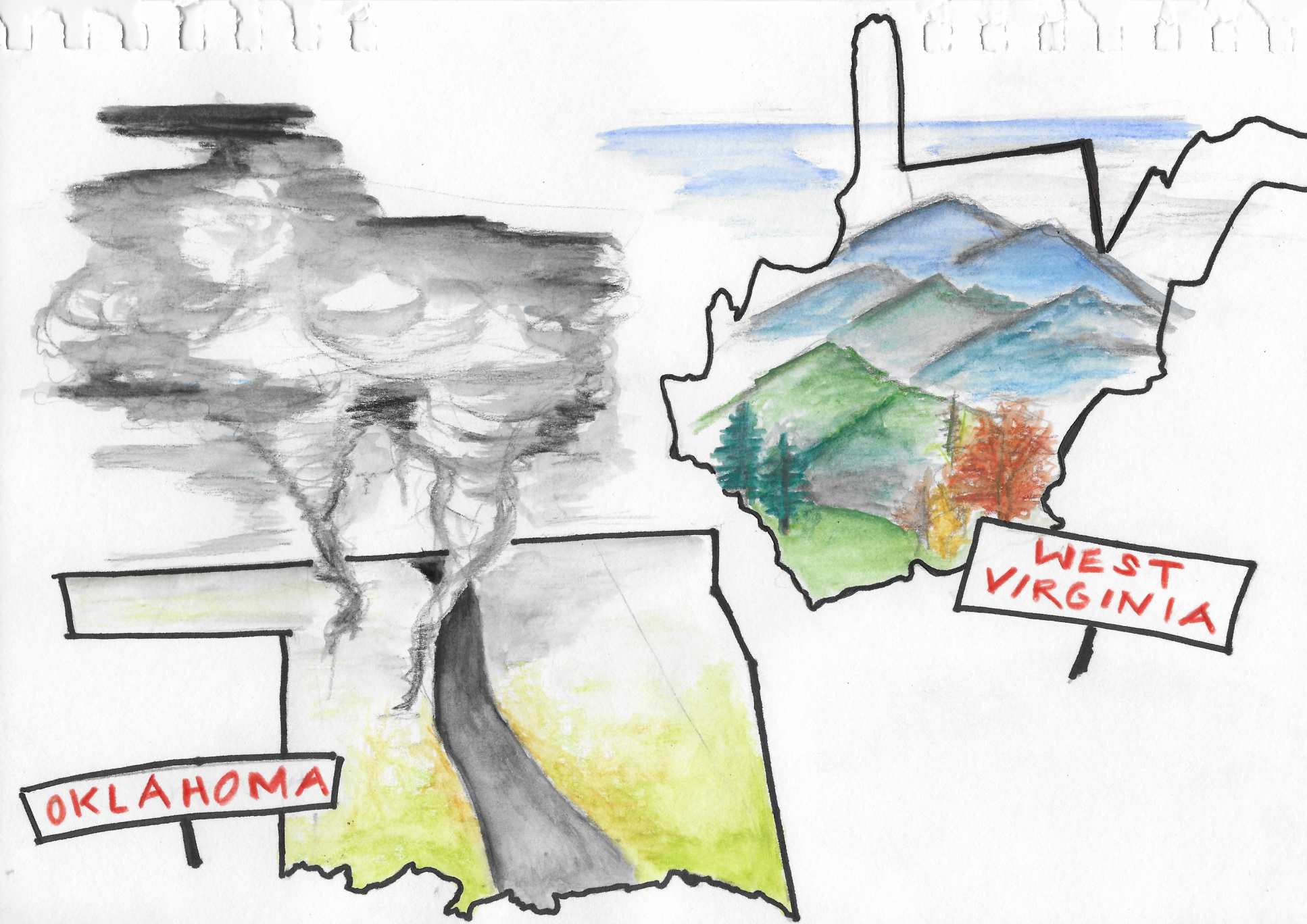 Illustration of tornadoes over Kansas and good weather over West Virginia