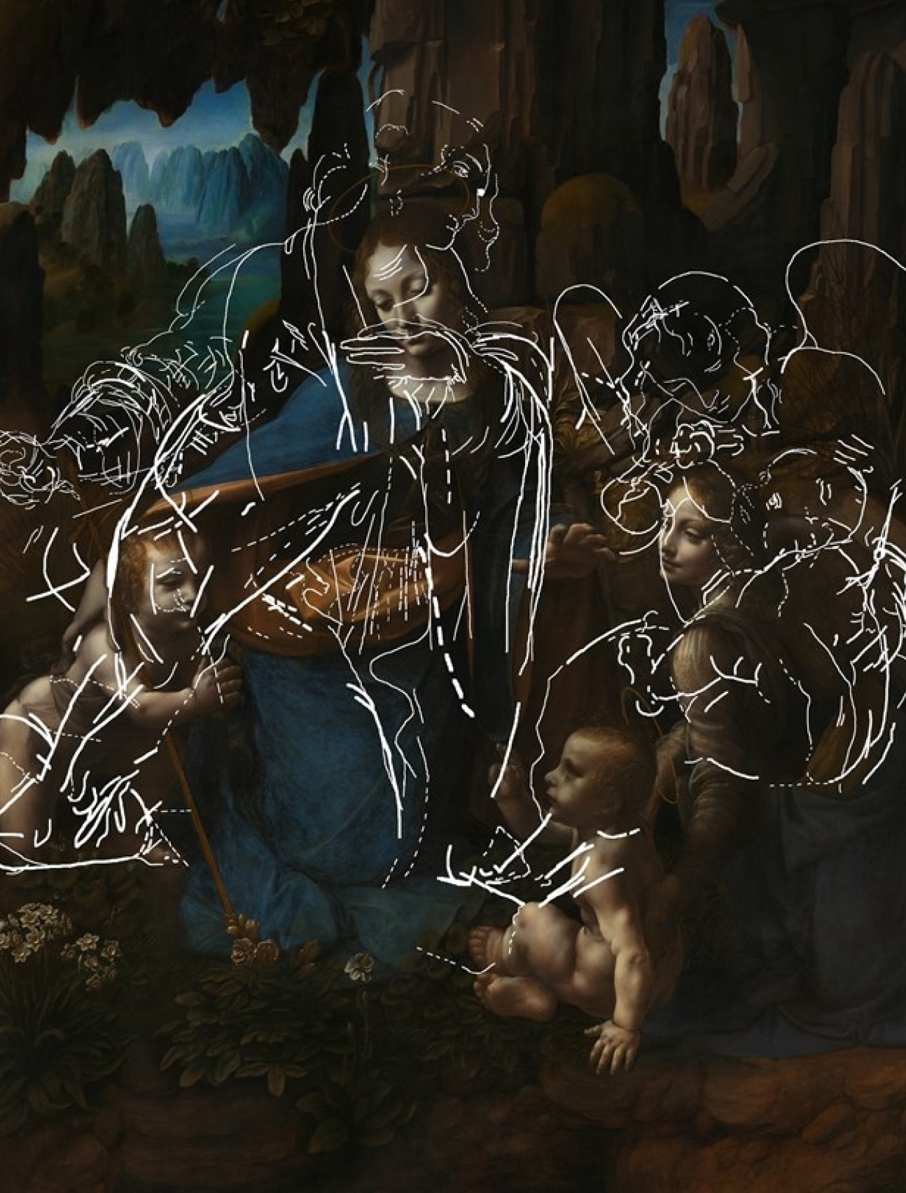 Leonardo's Virgin on the Rocks depicting Mary, with the hidden angels superimposed around her