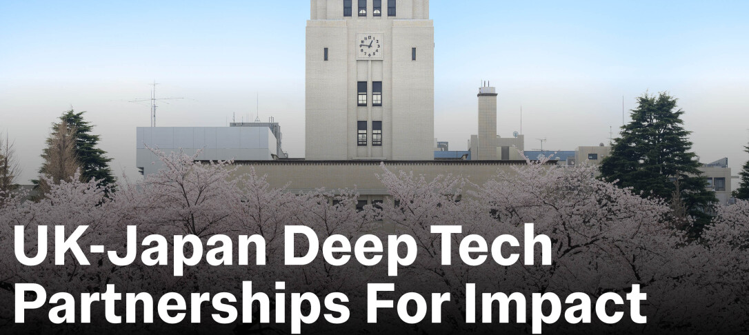 Queen's Tower with cherry blossoms and 'UK-Japan Deep Tech Partnerships for Impact' text
