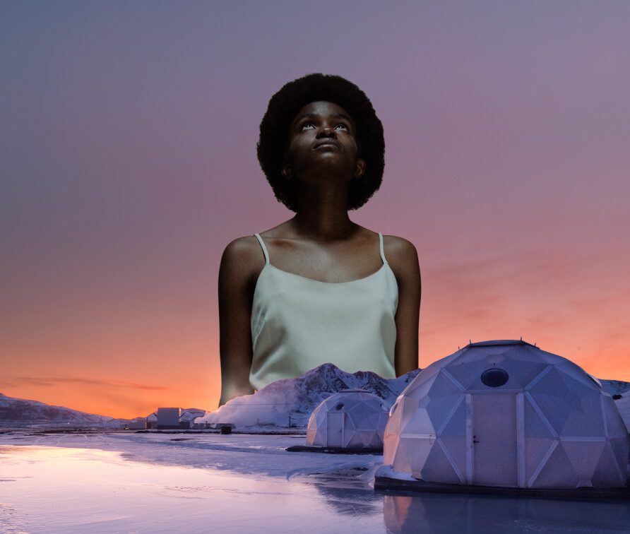 Collage of a woman looking skywards on a purple sunset background with climate innovation (domes) in the foreground