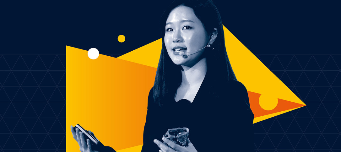 Woman speaking with headset on