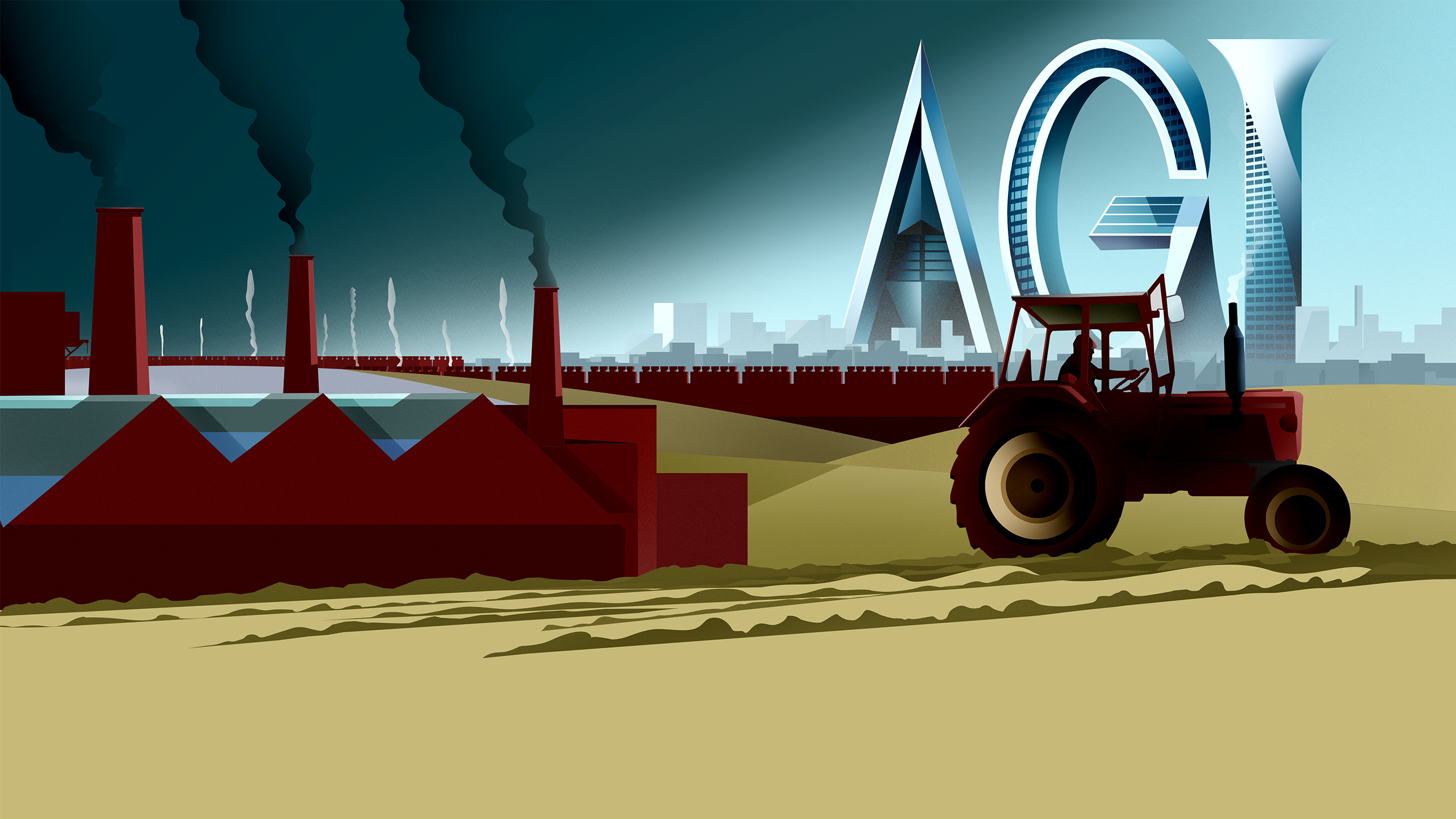 A futuristic illustration of a city and fields, with a skyscraper in the background spelling out "AGI"