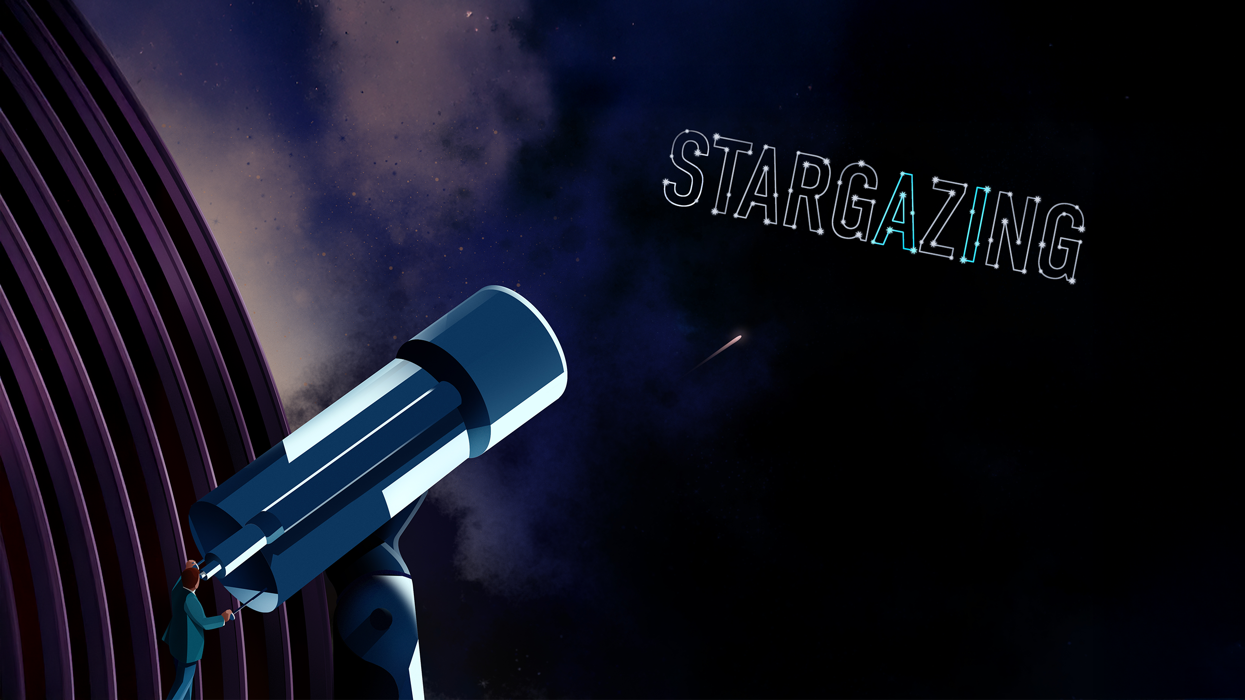 Illustration of a person looking through a telescope to see the word stargazing spelled out in the stars