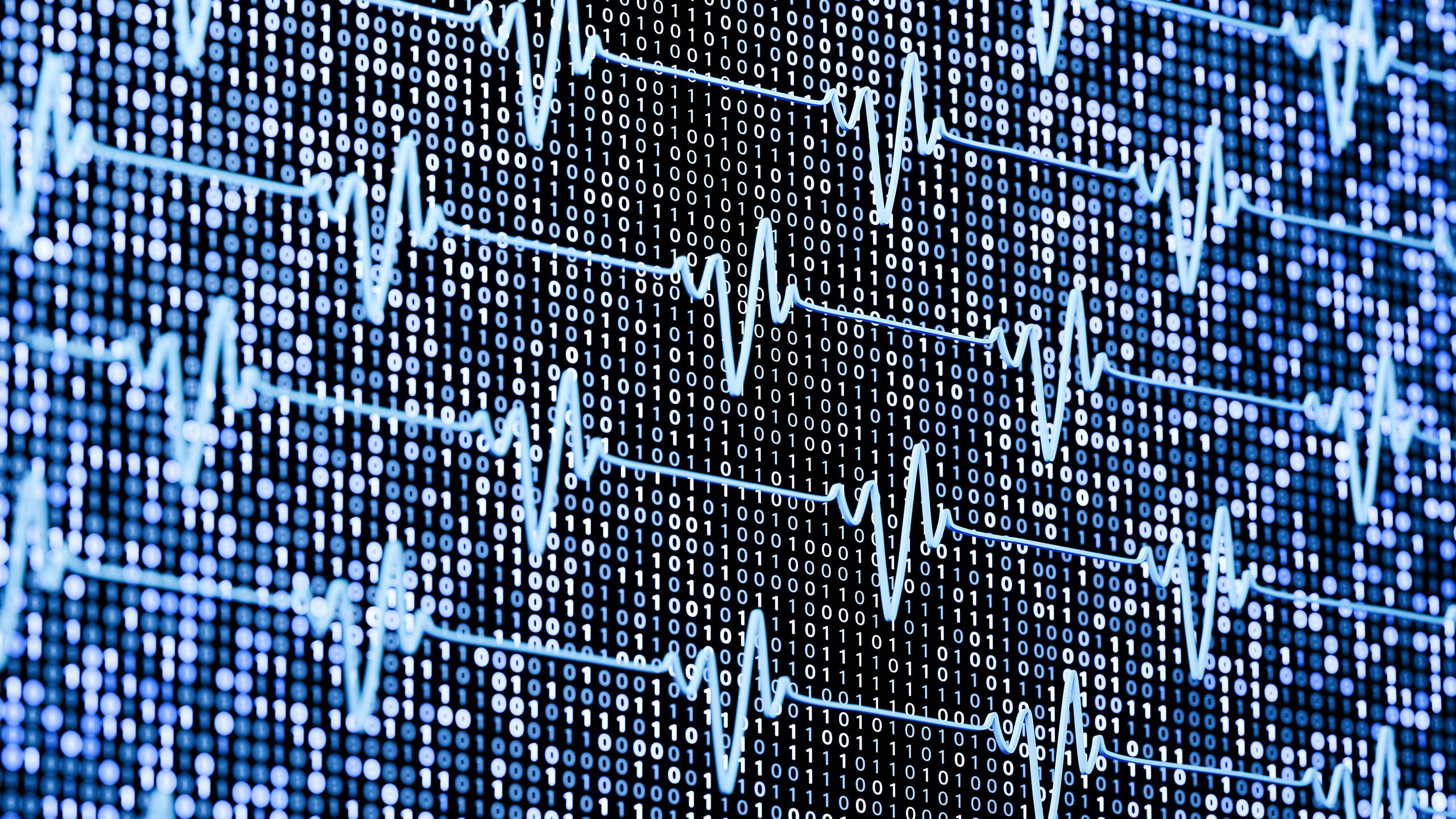 Digital illustration - EEG readout on background of zeroes and ones.