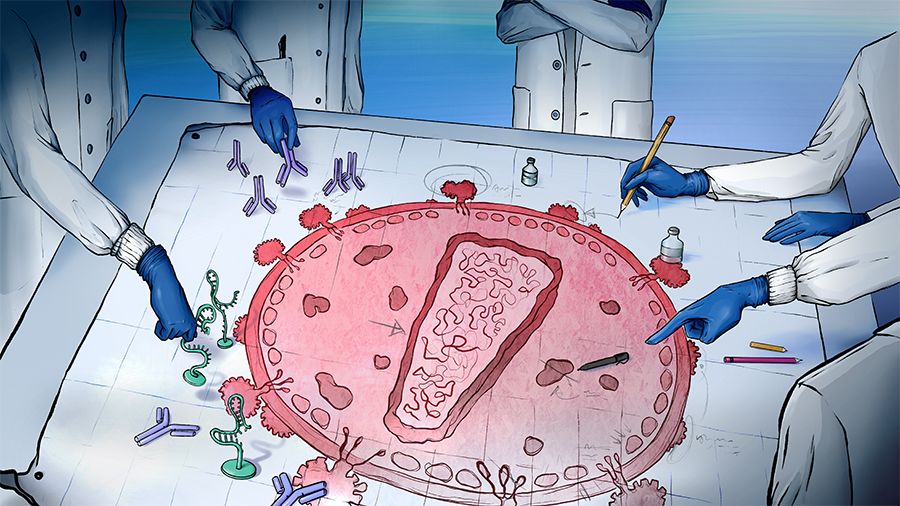 An illustration of researchers gathered around an HIV virus, planning their approach