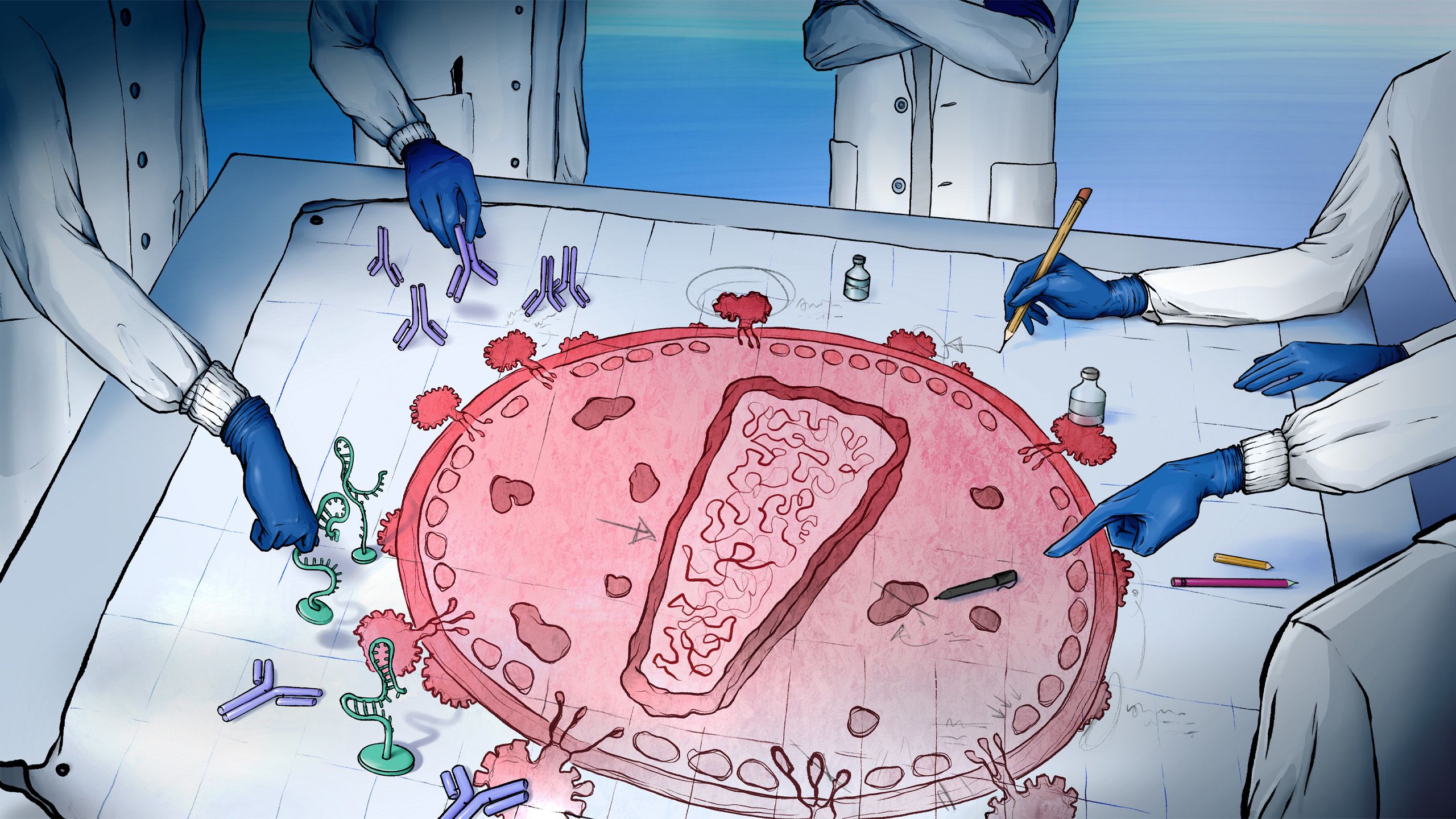 Illustration of a group of scientists huddled around a diagram of an HIV virus, planning their approach