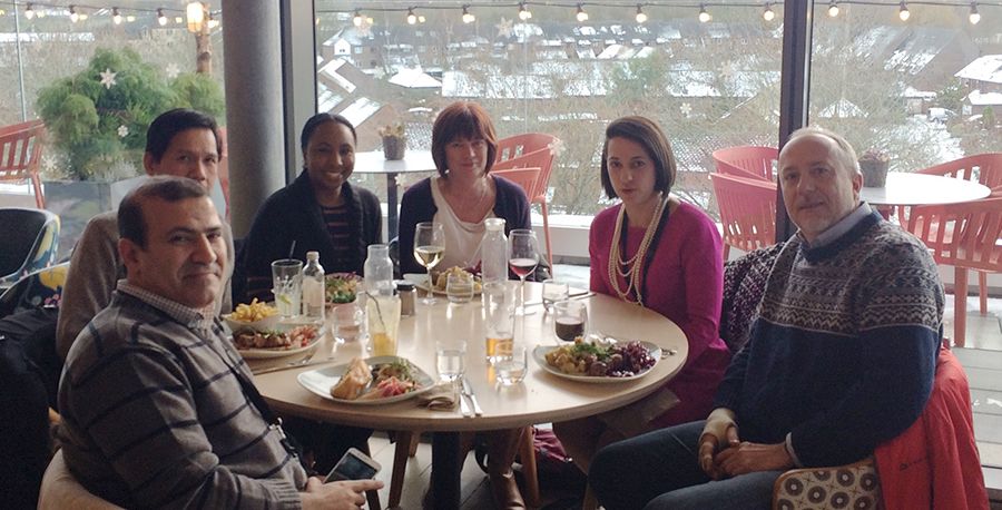 A group photo of Professor Hanke and his team having lunch together. Left to right: Yehia Mohamed, Edmund (Edd) Wee, Nathifa Moyo, Nicola Borthwick, Zara Hannoun and Tomas Hanke.