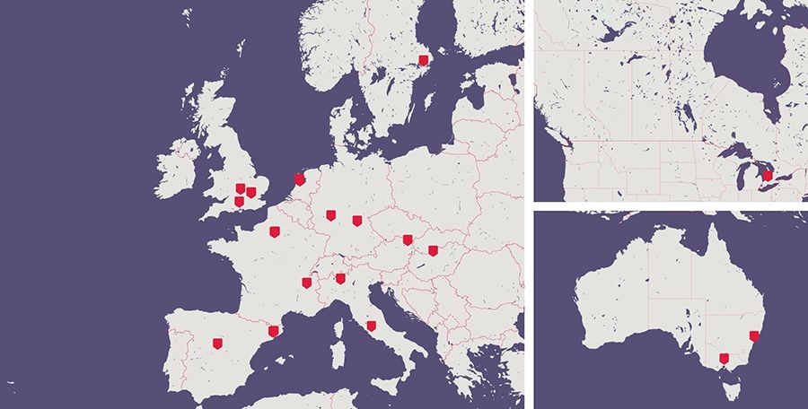 Map showing the sites of EAVI2020's partners across Europe, Canada and Australia