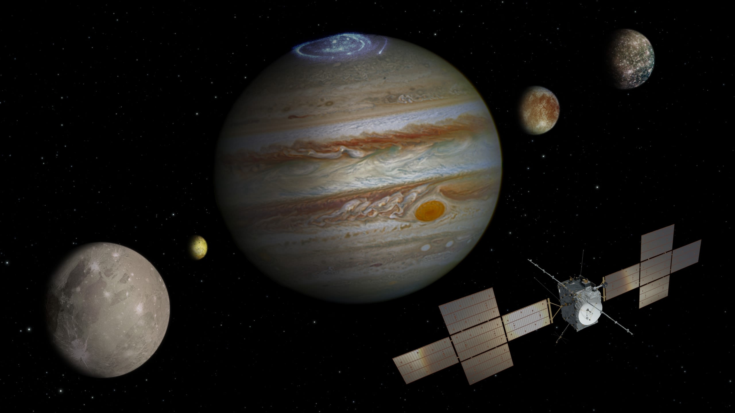 Illustration of a spacecraft facing Jupiter and three large moons