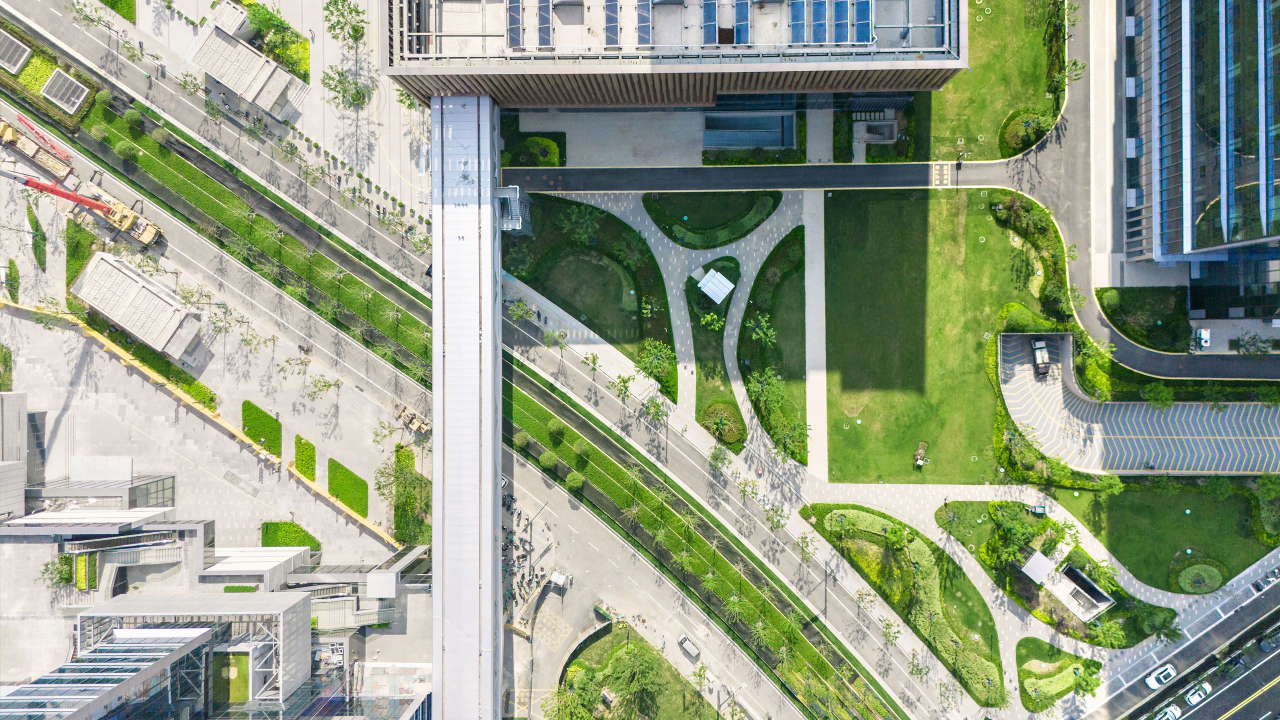 Aerial view of a city with lots of greenery