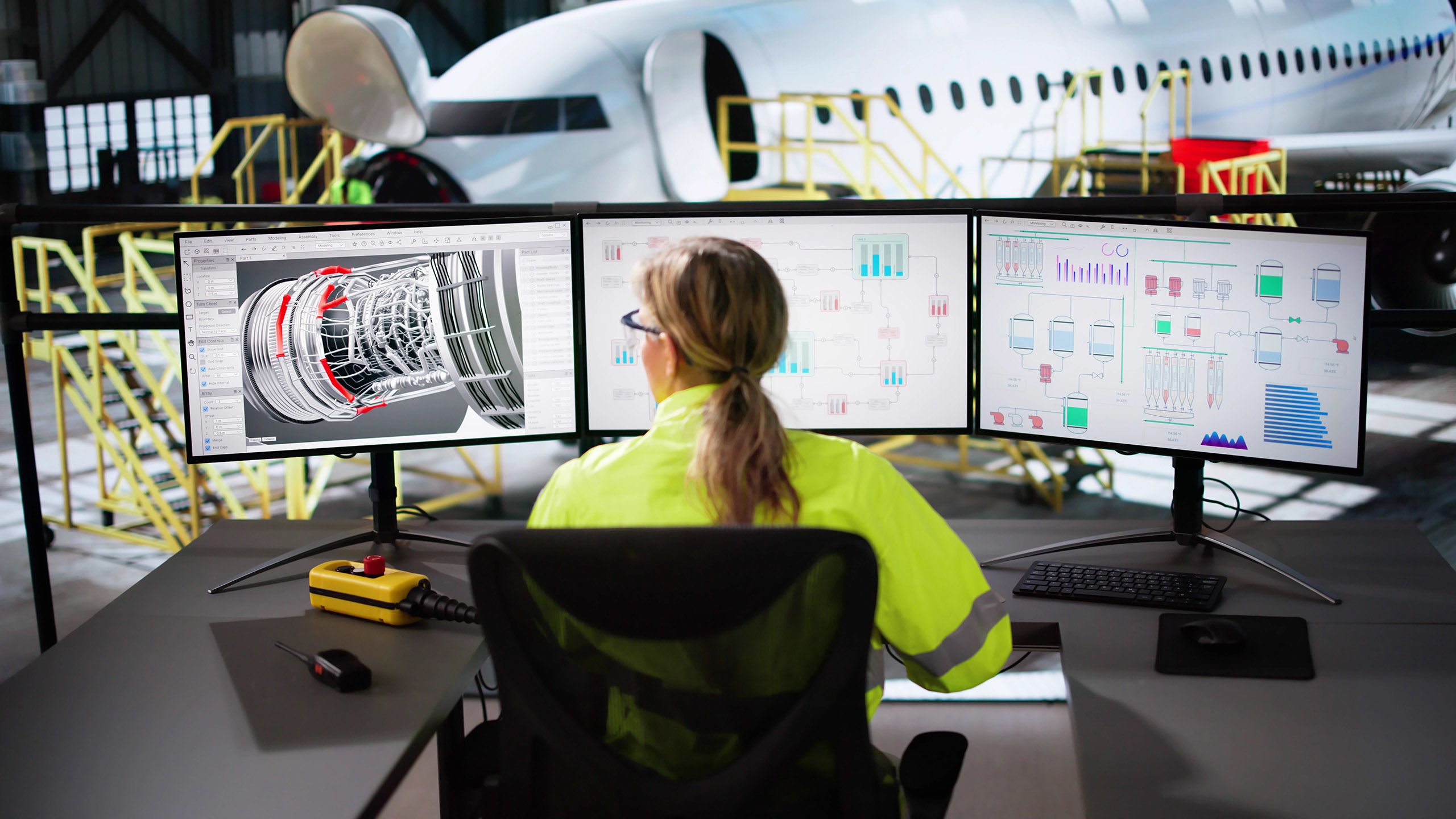 Engineer working on a computer in front of an aeroplane