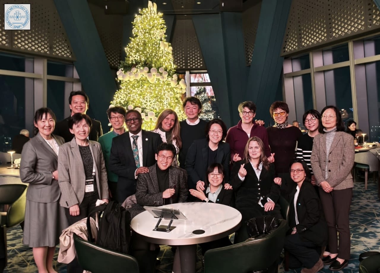 A group photo in front of a Christmas tree