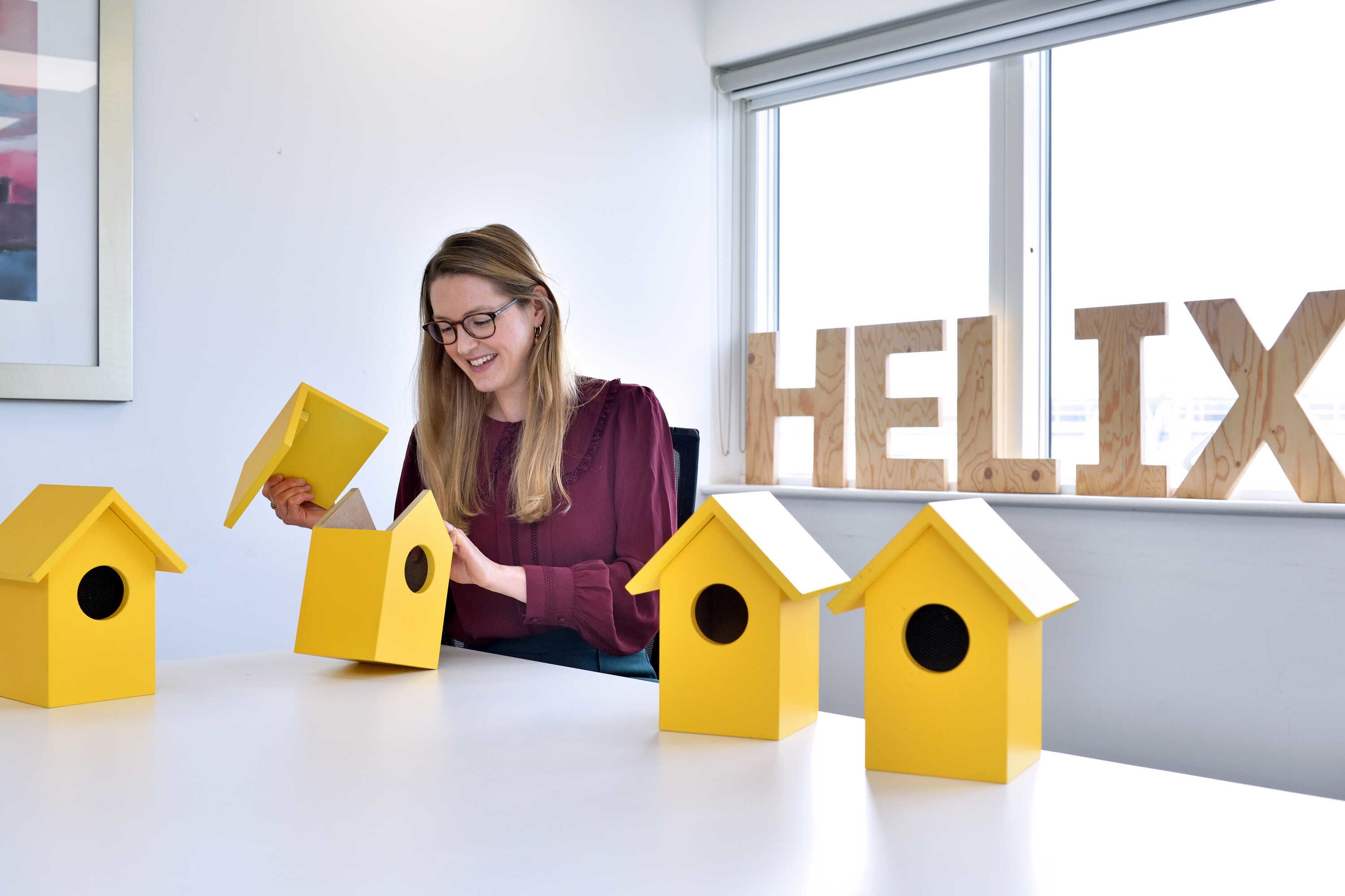 Anna sitting down at a table holding the lid of a yellow bird box and peering inside, wooden letters spelling HELIX are sitting on a window sill in the background.