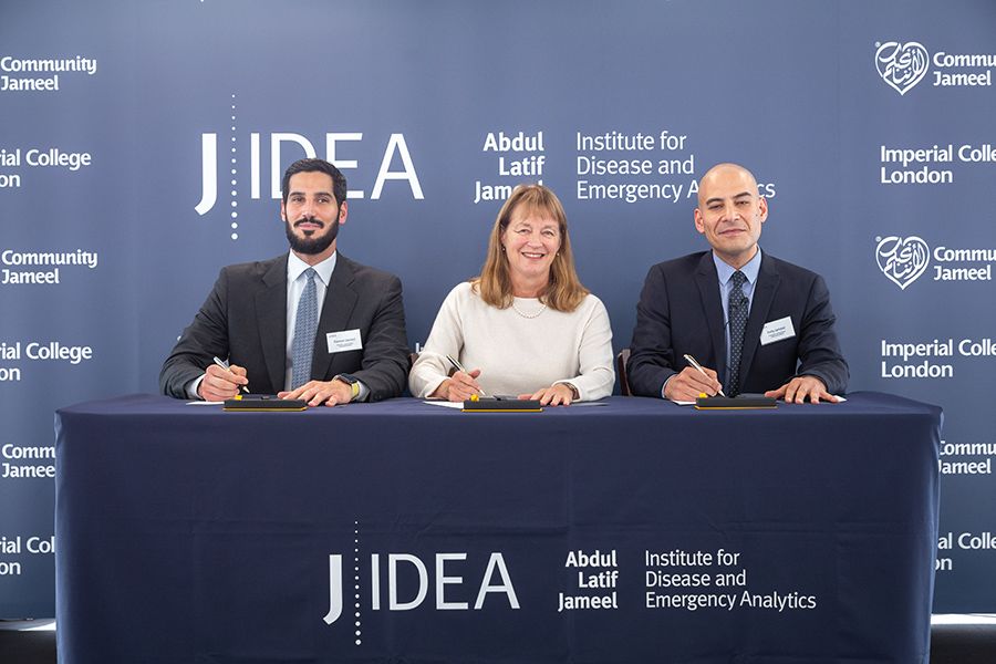 Photo of Hassan Jameel (President, Saudi Arabia, Community Jameel), Professor Alice P. Gast (President of Imperial), and Fady Jameel (President, International, Community Jameel)