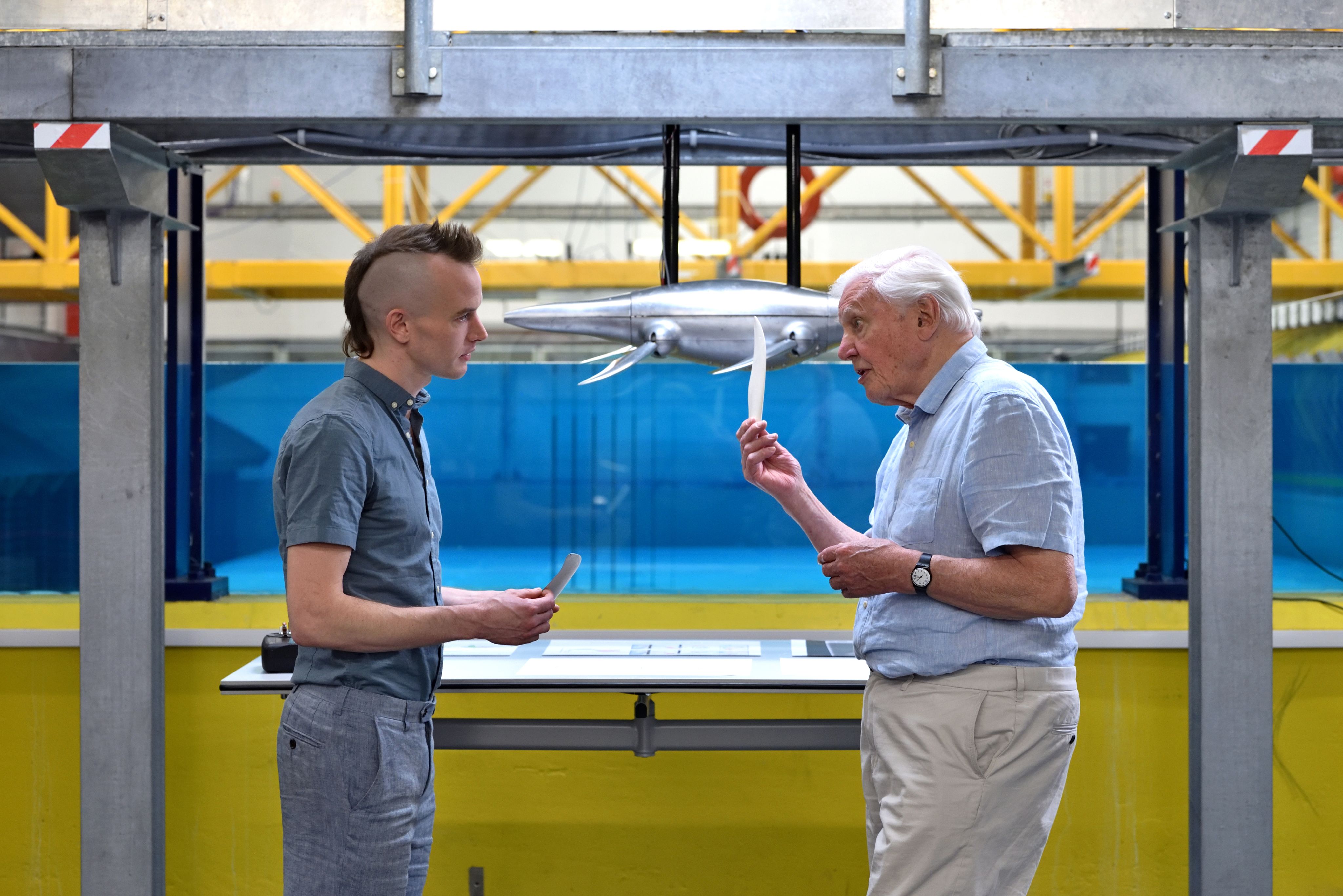 Luke Muscutt and Sir David standing facing each other in conversation. The robot hovers in the wave tank in the background.