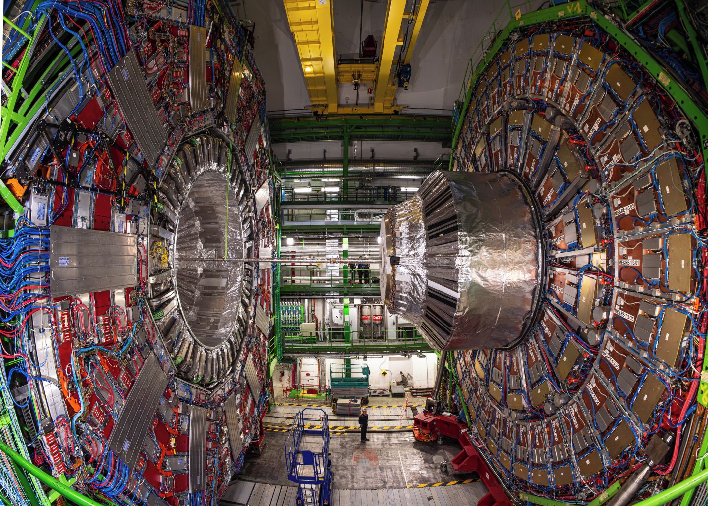 The CMS detector. The many layers of its electronic components can be seen, resembling concentric layers of a cylinder. 