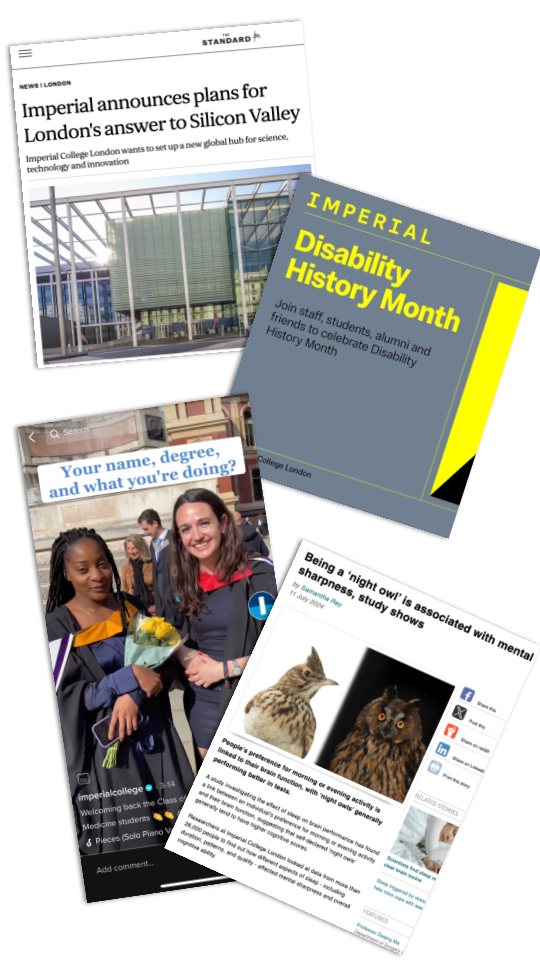 Screengrabs of Imperial media coverage, TikTok and news stories