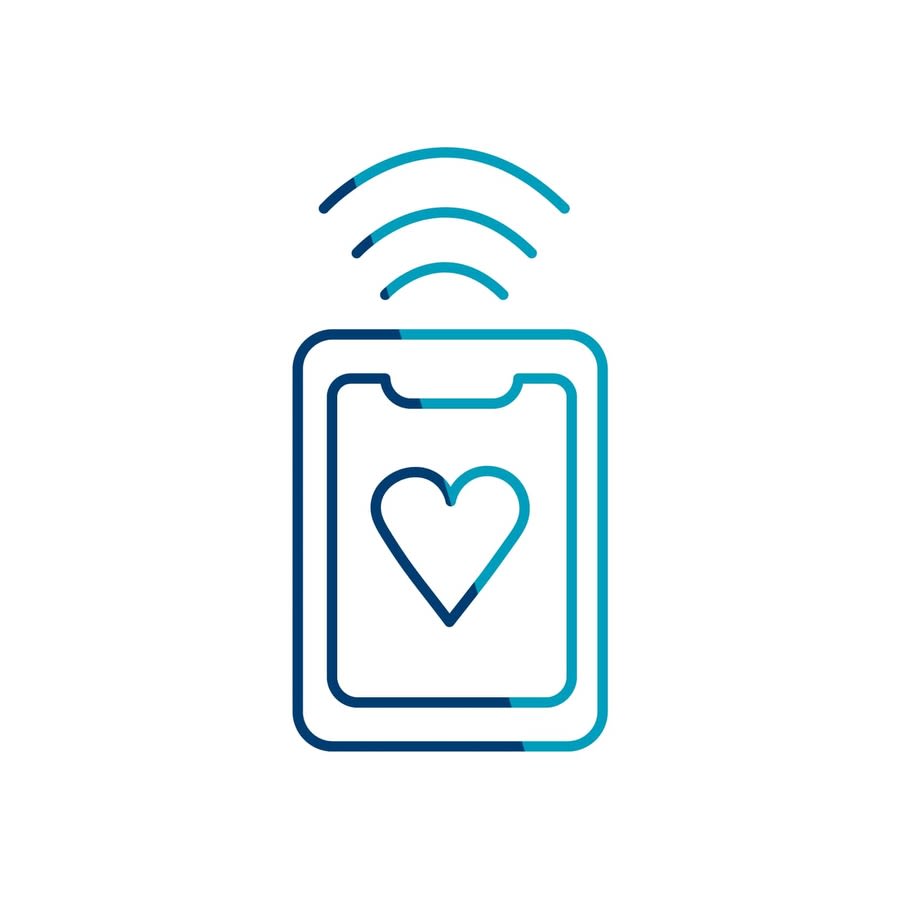 a blue line drawing of a mobile phone with a heart on it