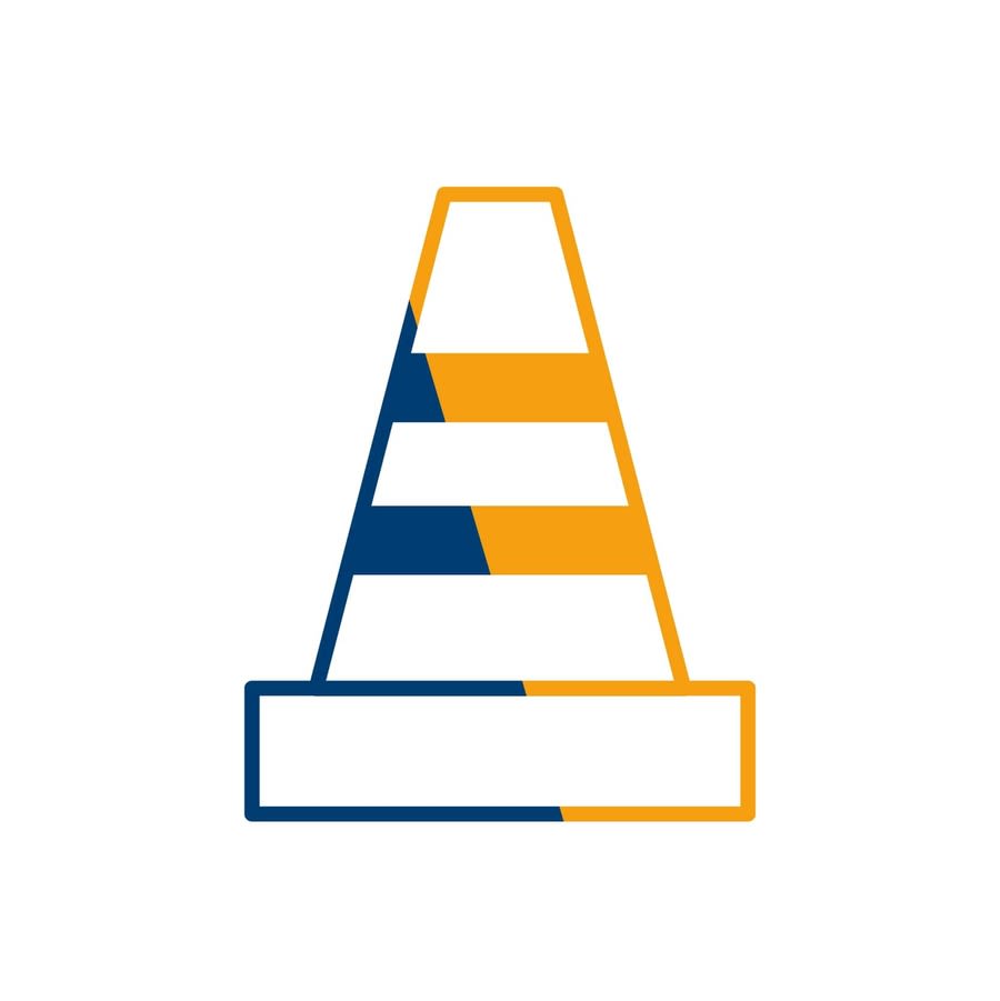 a blue and yellow traffic cone