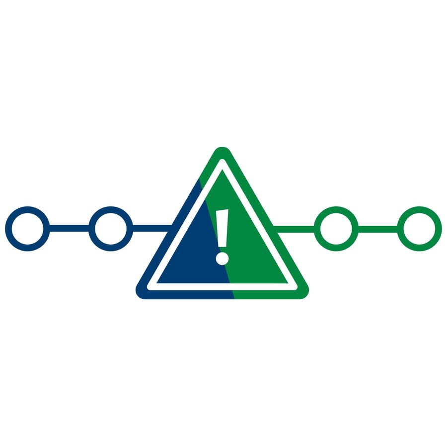a blue green and white triangle with a exclamation mark and circles