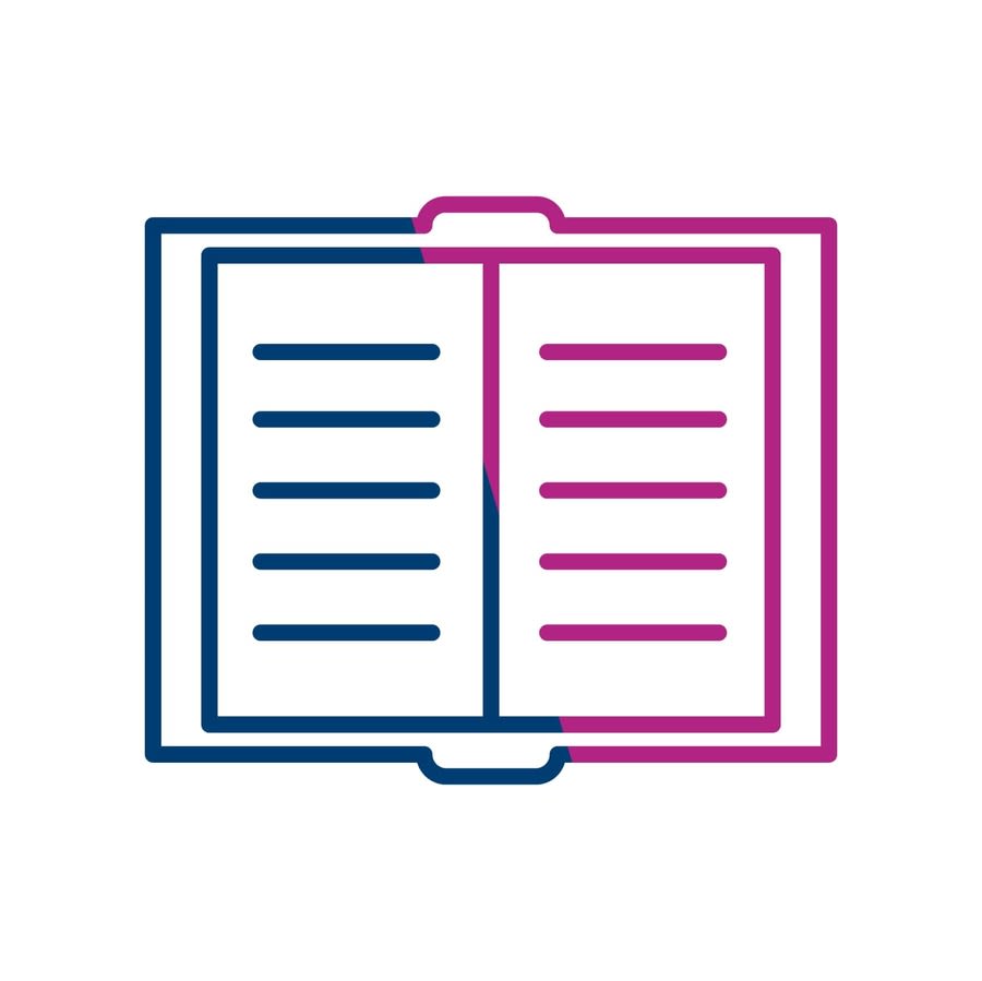 a blue and pink line drawing of a book