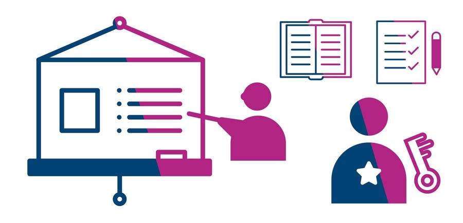 a person pointing at a presentation and other graphics