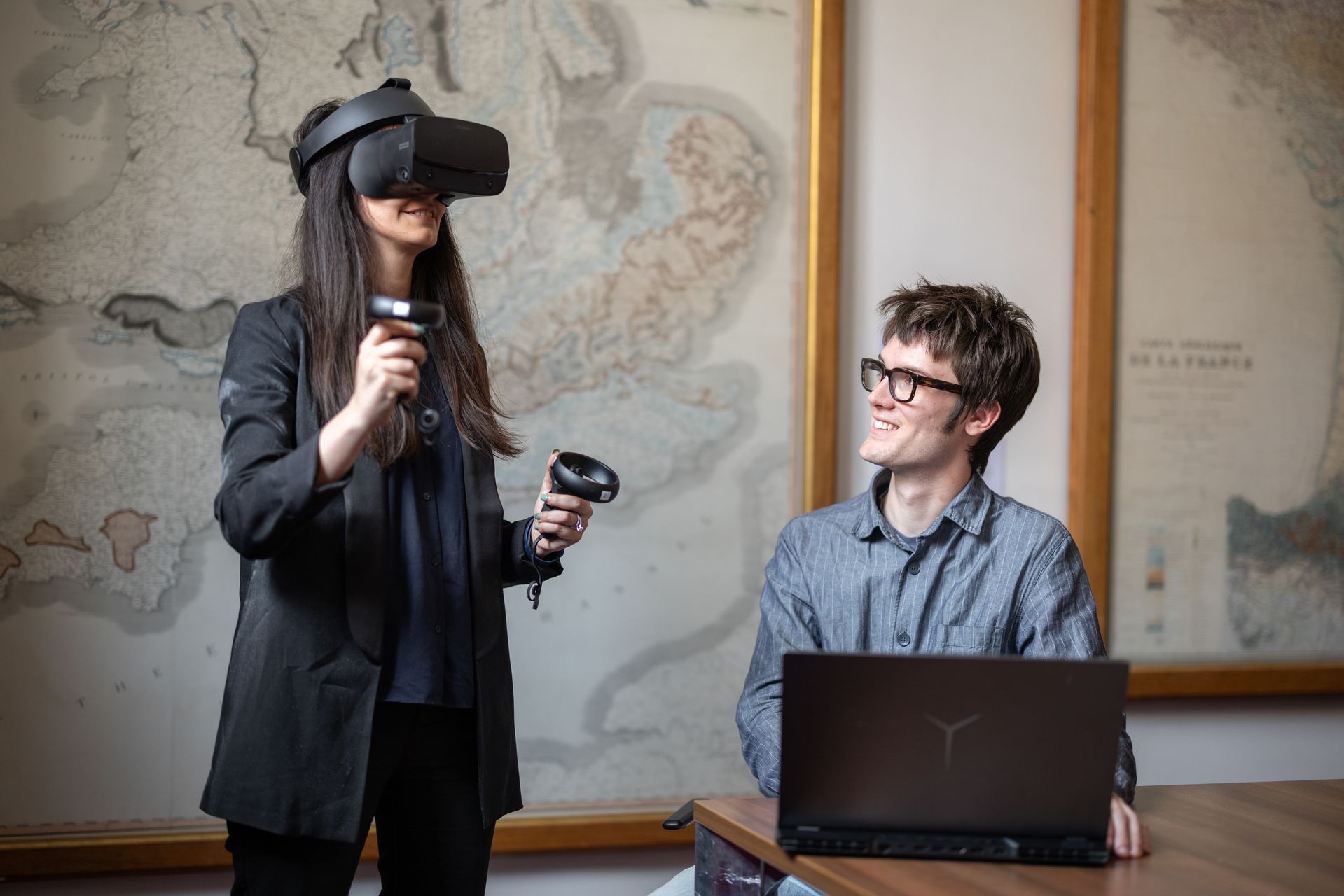 A Master's student wears a virtual reality headset whilst she assesses subsurfaces for a broad range of renewable energy applications