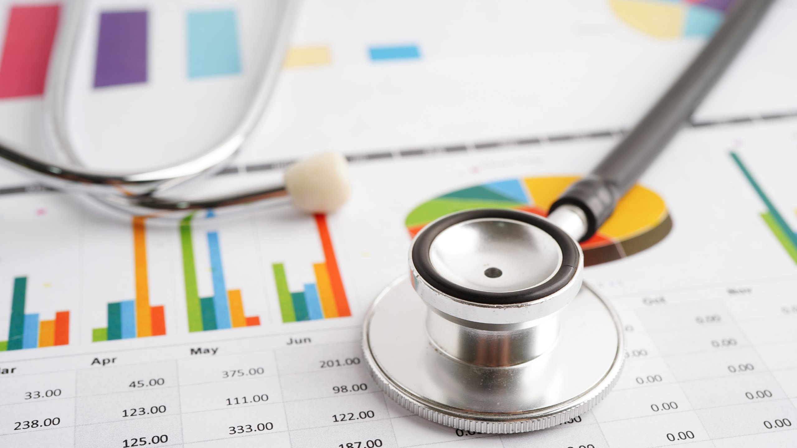 A stethoscope on top of printed pie and bar charts