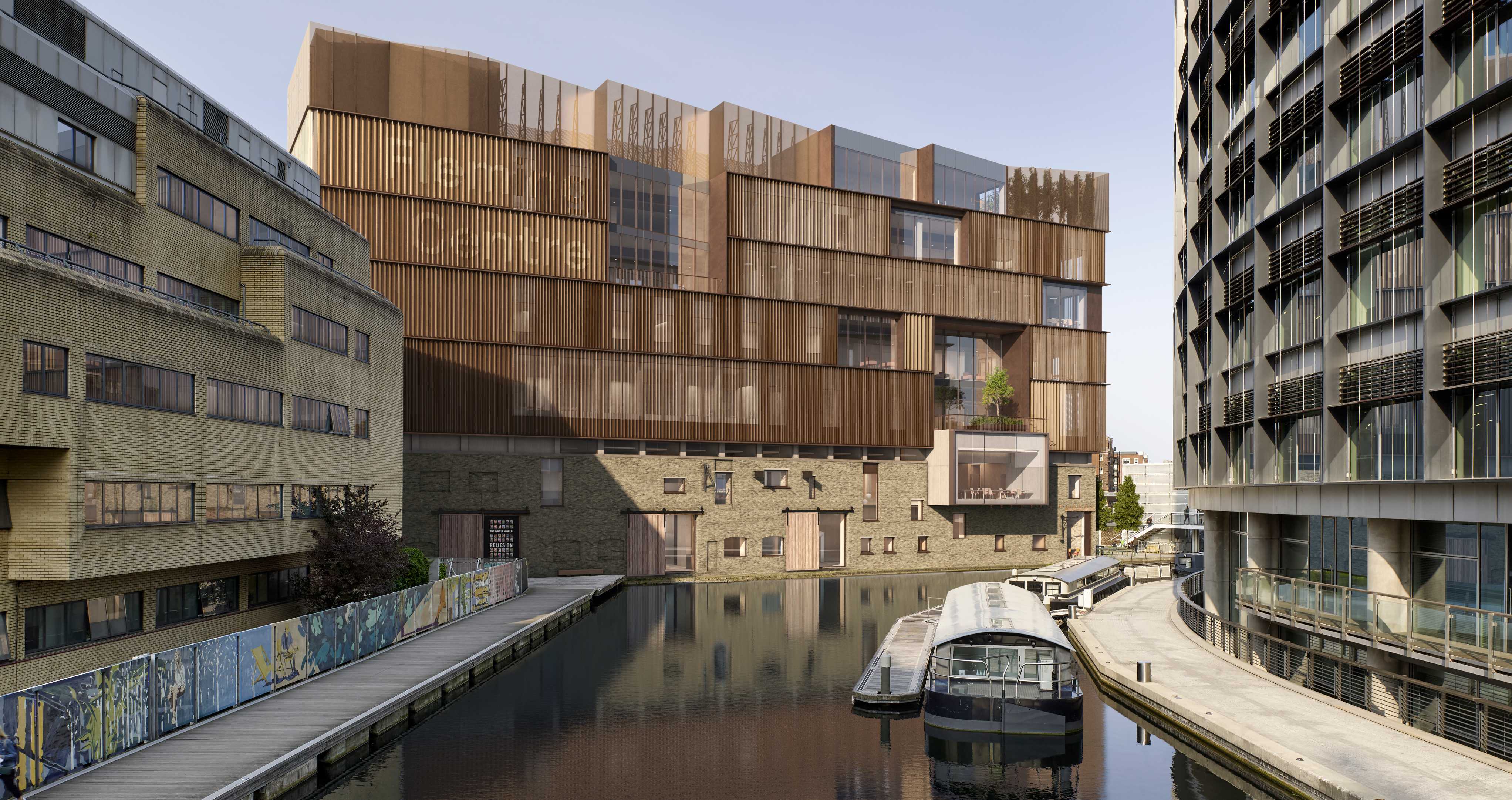 An architect's visualisation of the Fleming Centre with Paddington Basin in the foreground