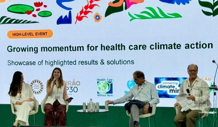 Dr Jessica Newberry Le Vay (second from left) speaking at a COP30 presidency event in Brazil. She is one of four speakers pictured on a podium