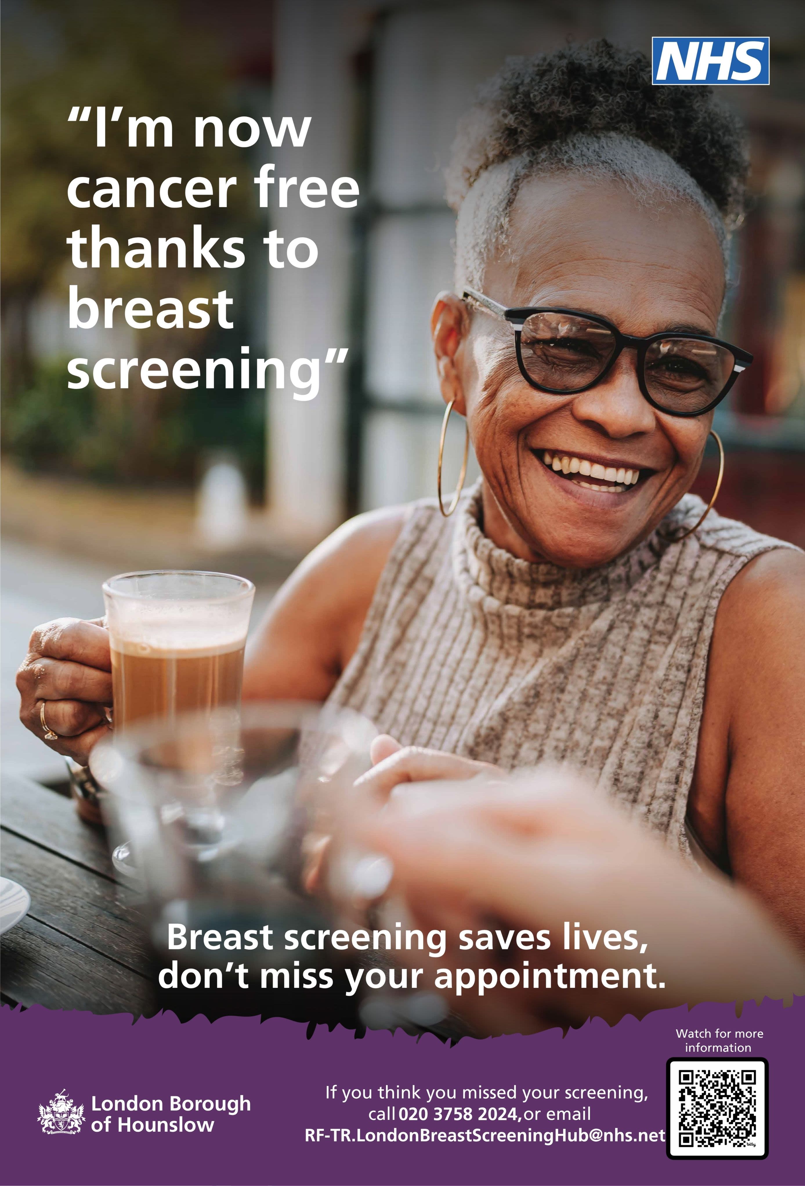 A bus stop poster showing a smiling older woman with a cup of tea next to a caption saying 'I'm now cancer free thanks to breast screening'