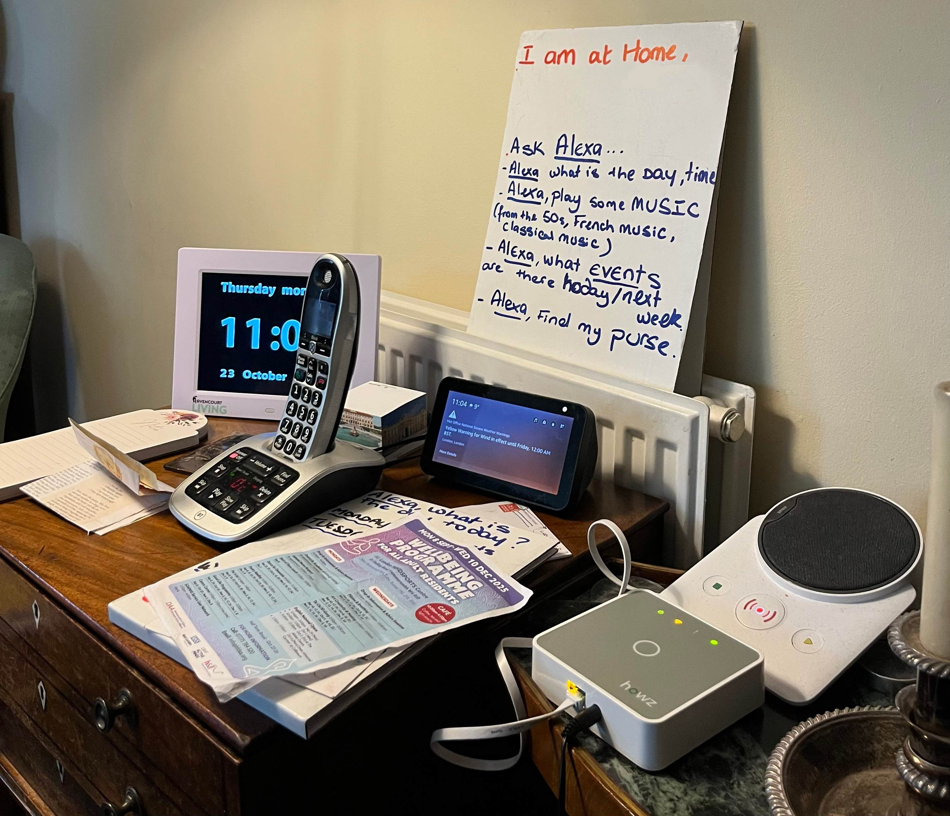 A table with dementia monitoring tools and devices
